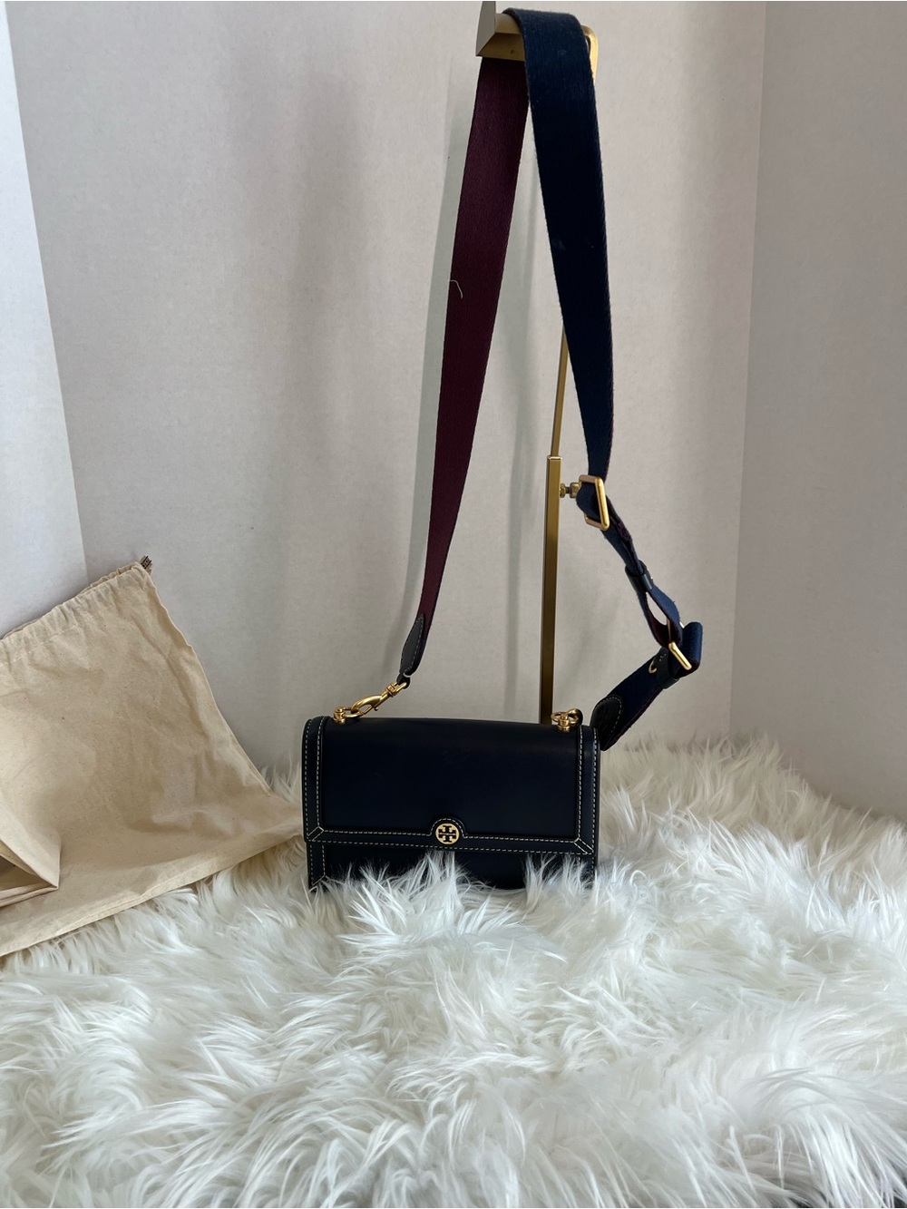 Tory Burch Navy T-Mono Leather Crossbody with Gold Hardware and Burgundy Strap - Picture 2 of 7